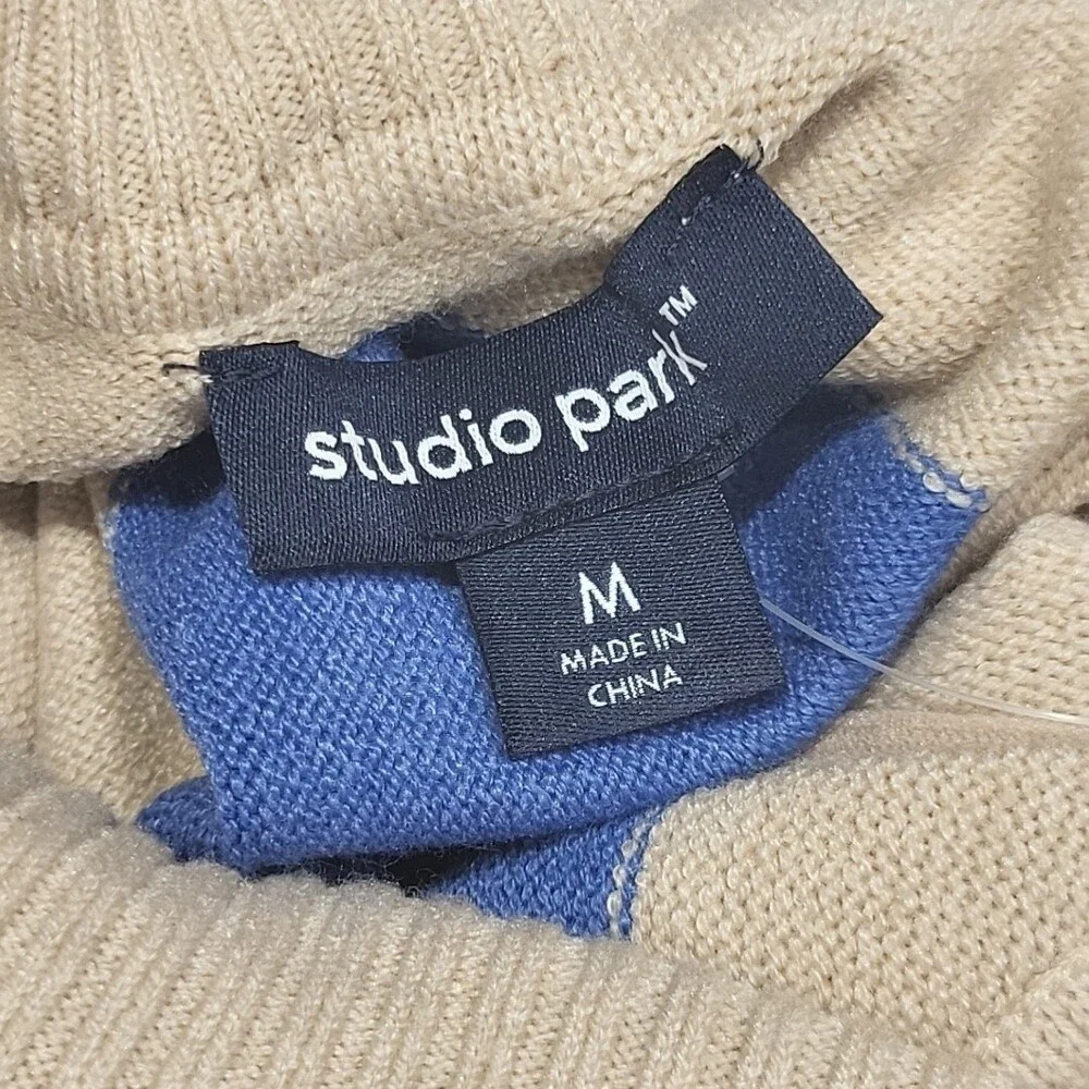 Studio Park Womens Dressy Stripe Print Turtleneck Sweater Medium Size Blue Beige